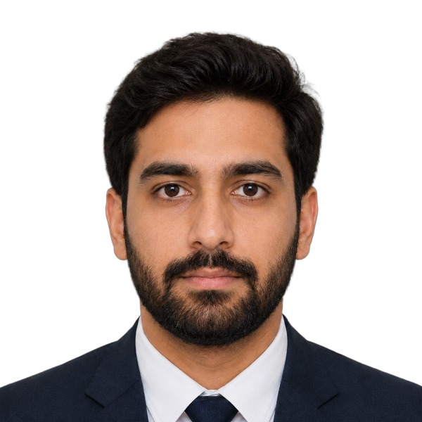 The same portrait after compliance processing: plain background, centered, visa-ready.